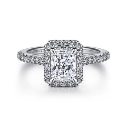 Idina - 14K White Gold Halo Rectangular Radiant Cut Diamond Engagement Ring