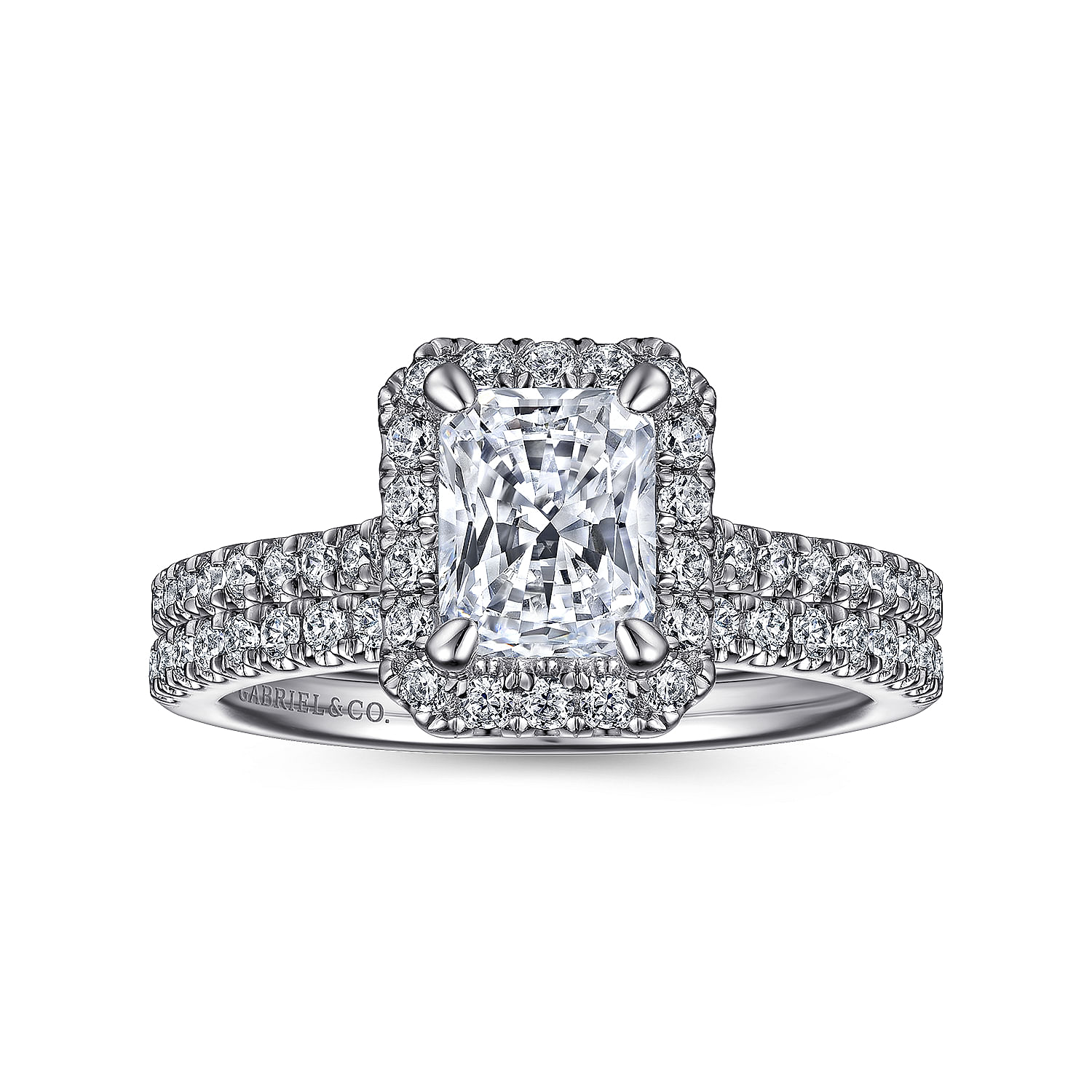 Idina - 14K White Gold Halo Rectangular Radiant Cut Diamond Engagement Ring