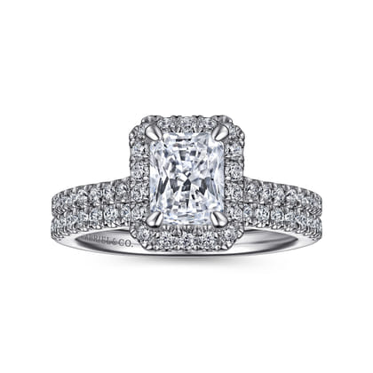 Idina - 14K White Gold Halo Rectangular Radiant Cut Diamond Engagement Ring