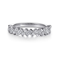 Ilana - 14K White Gold Beads Setting Baguette and Round Diamond Anniversary Band