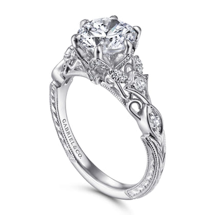 Indira - Vintage Inspired 14K White Gold Round Diamond Engagement Ring