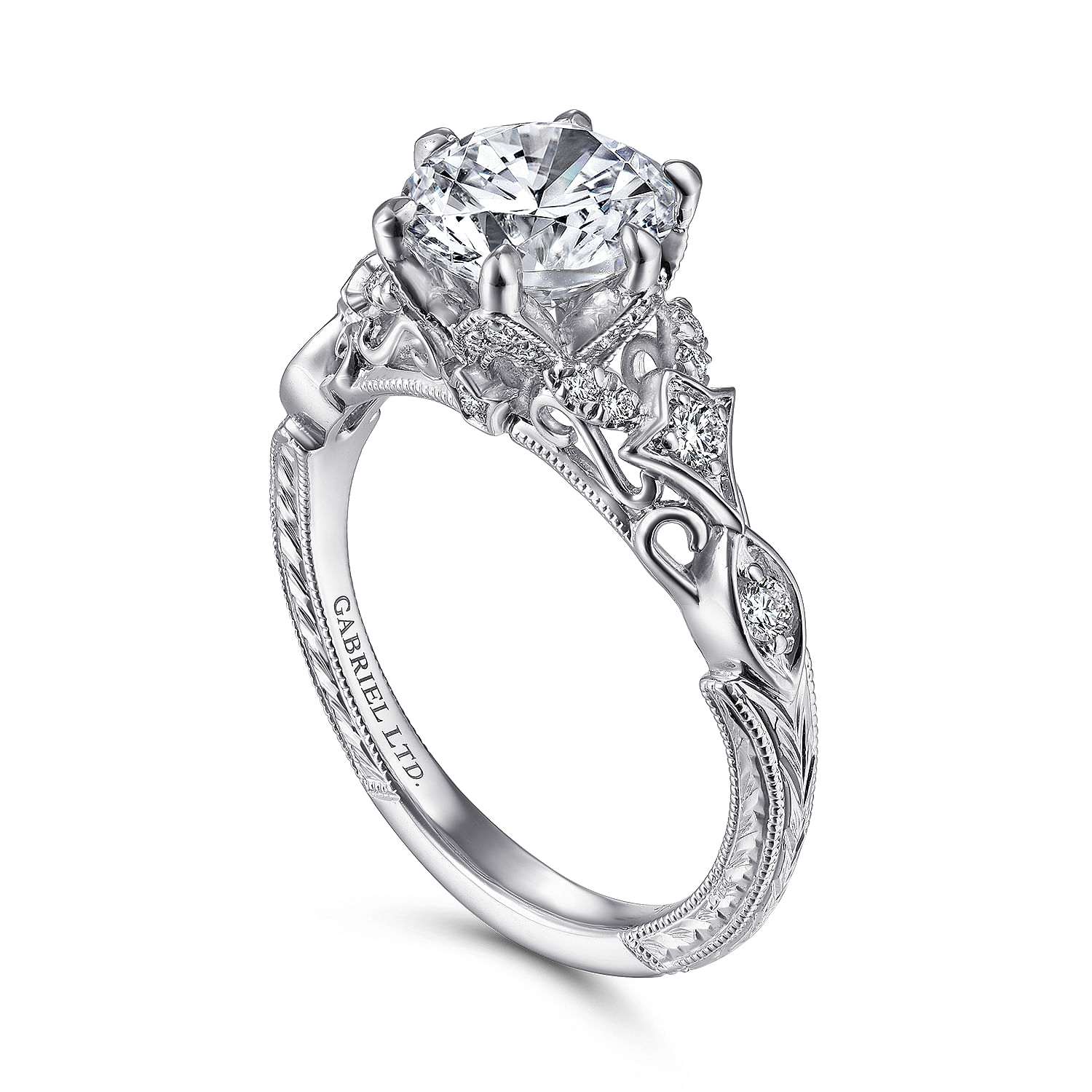 Indira - Vintage Inspired 18K White Gold Round Diamond Engagement Ring