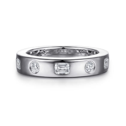 Iriza - 14K White Gold Flush Set Emerald Cut and Round Diamond Anniversary Band
