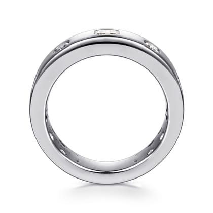 Iriza - 14K White Gold Flush Set Emerald Cut and Round Diamond Anniversary Band