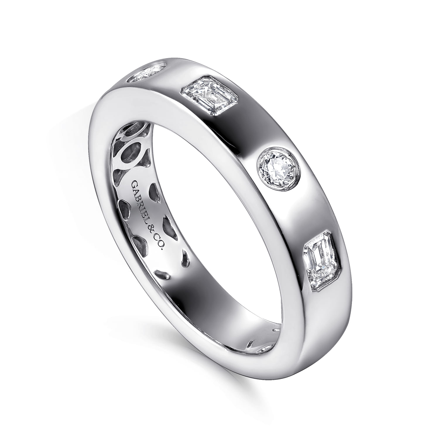 Straight Wedding Ring in 14k White Gold with Emerald Cut Natural Diamond at Gabriel & Co. - Shot 3