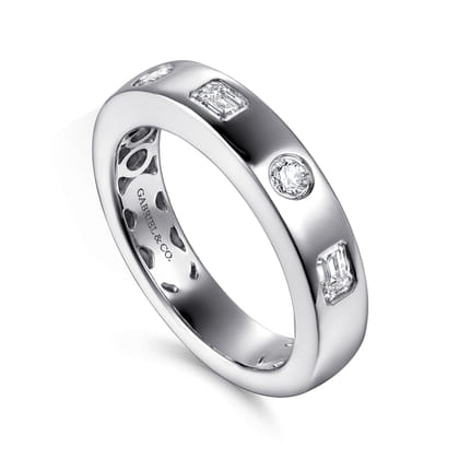 Iriza - 14K White Gold Flush Set Emerald Cut and Round Diamond Anniversary Band