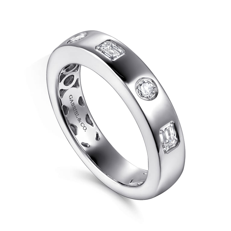 Straight Wedding Ring in 14k White Gold with Emerald Cut Natural Diamond at Gabriel & Co. - Shot 3