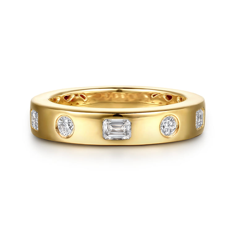 Straight Wedding Ring in 14k Yellow Gold with Emerald Cut Natural Diamond at Gabriel & Co. - Shot 1