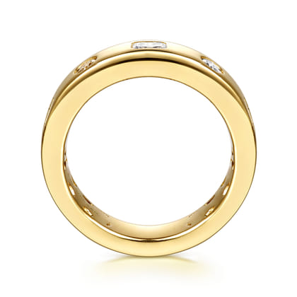 Iriza - 14K Yellow Gold Flush Set Emerald Cut and Round Diamond Anniversary Band