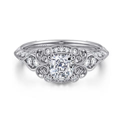 Iryna - Unique 14K White Gold Vintage Inspired Cushion Halo Diamond Engagement Ring