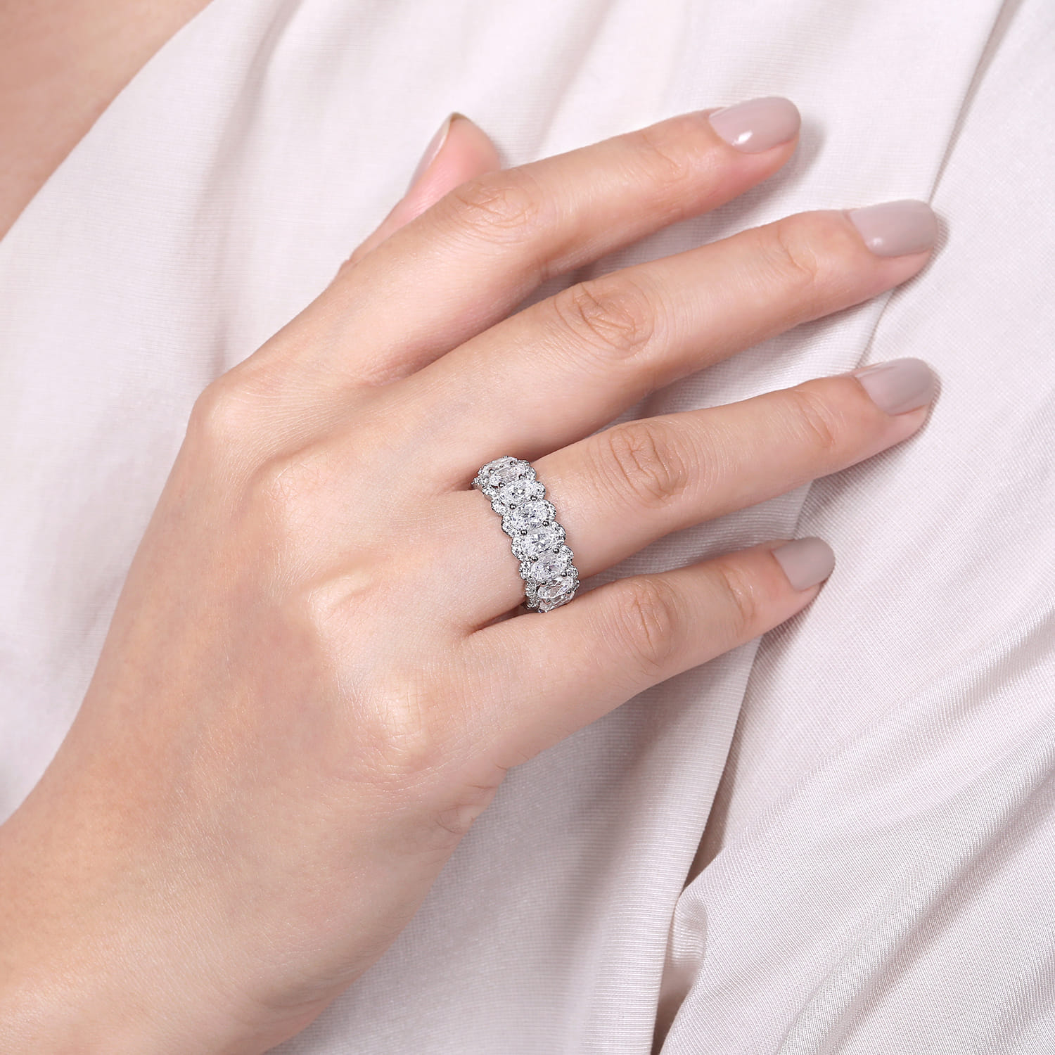 Eternity Band Wedding Ring in 14k White Gold with Oval Natural Diamond at Gabriel & Co. - Shot 5