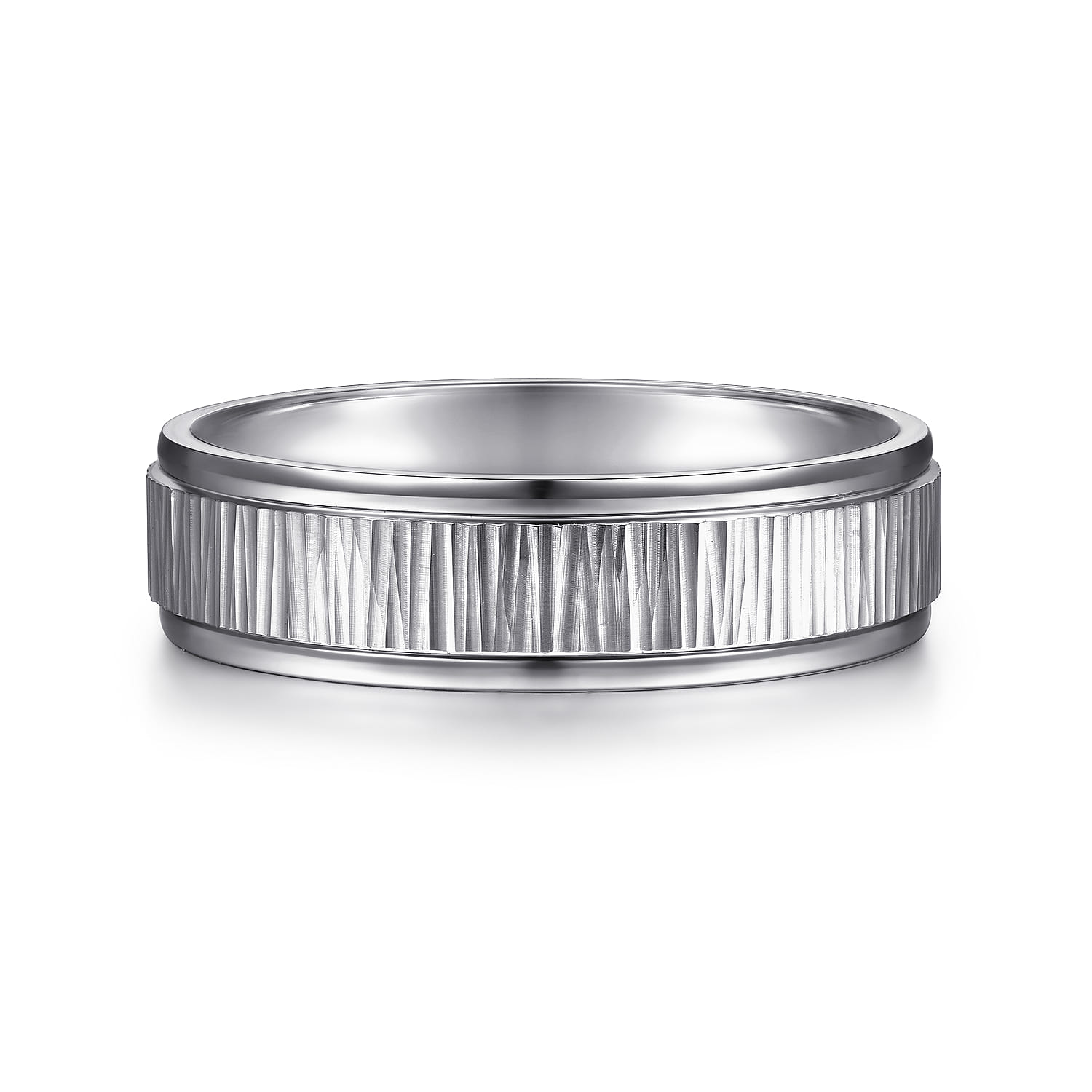 Jace - 14K White Gold 6mm - Men's Wedding Band with Vertical Etching - Shot 1