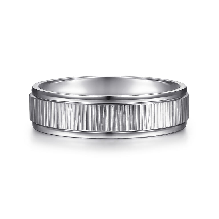 Jace - 14K White Gold 6mm - Men's Wedding Band with Vertical Etching - Shot 1