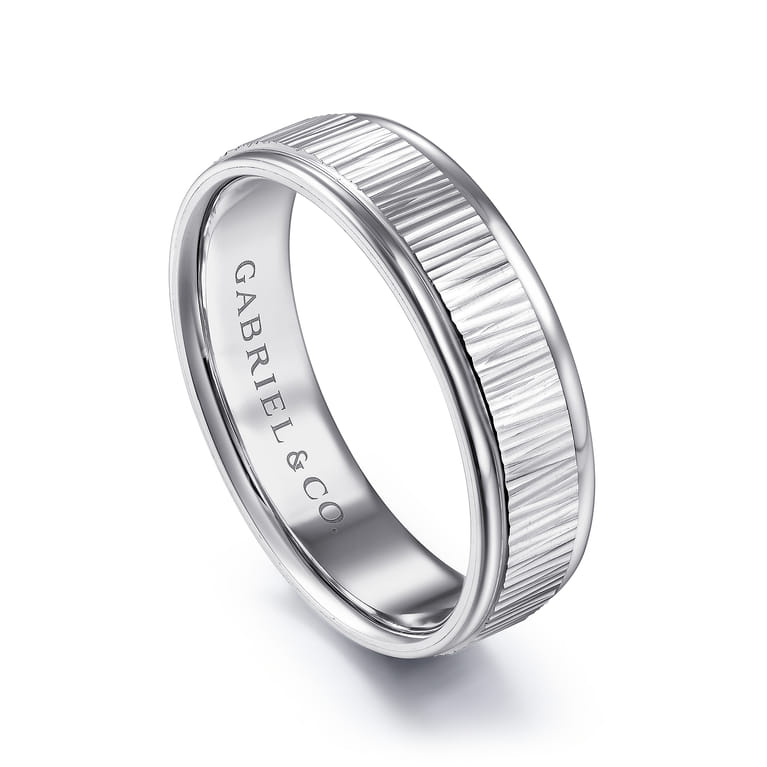 Jace - 14K White Gold 6mm - Men's Wedding Band with Vertical Etching - Shot 3