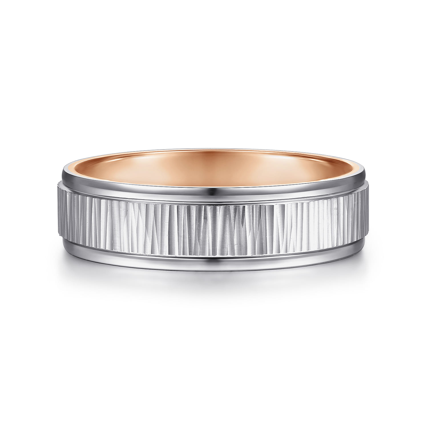 Jace - 14K White-Rose Gold 6mm - Men's Wedding Band with Vertical Etching - Shot 1