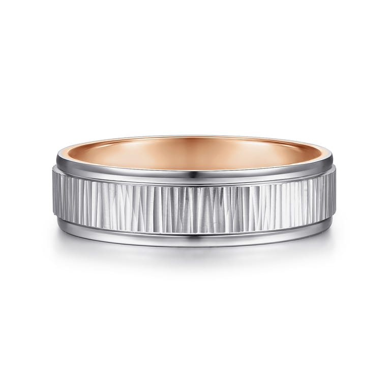 Jace - 14K White-Rose Gold 6mm - Men's Wedding Band with Vertical Etching - Shot 1
