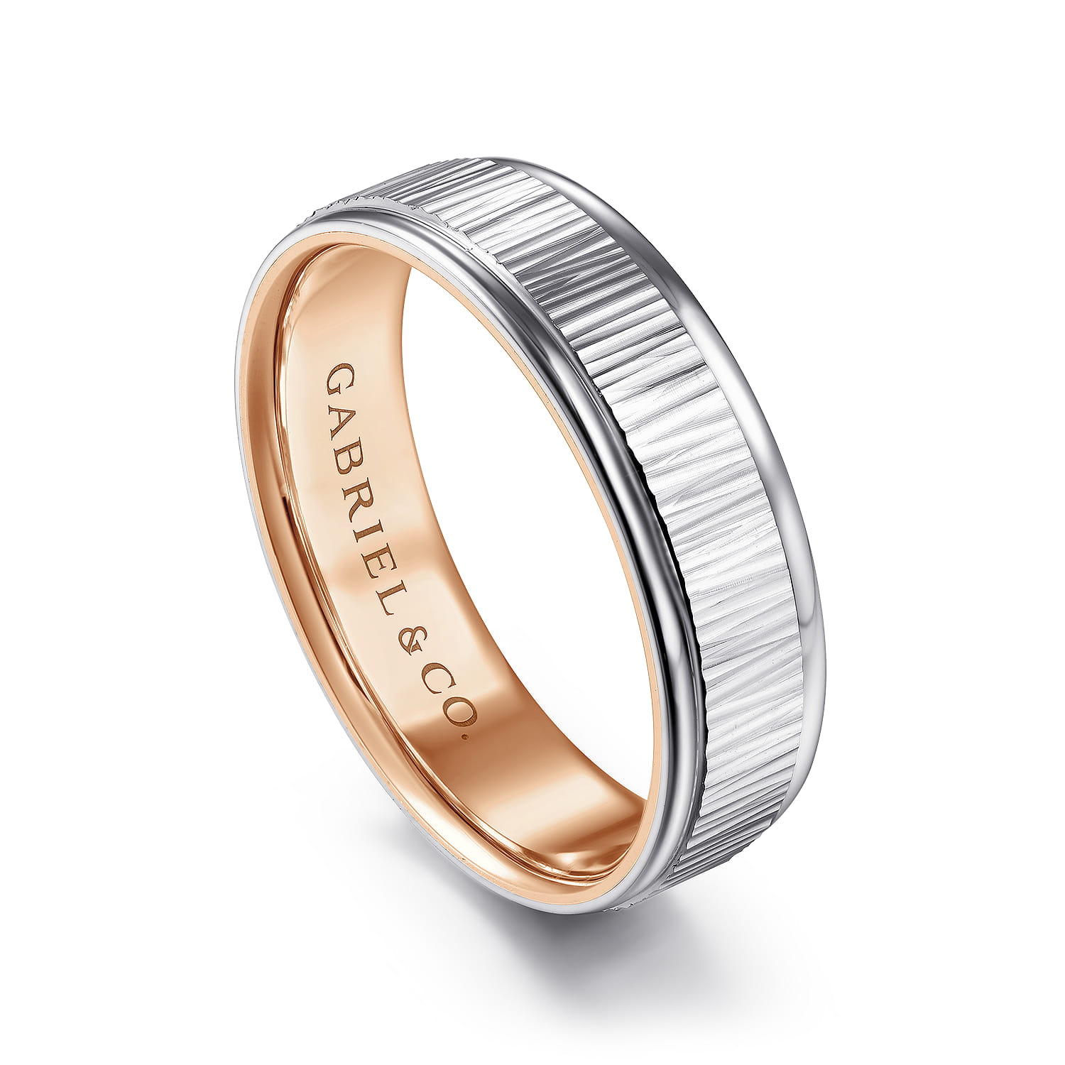 Jace - 14K White-Rose Gold 6mm - Men's Wedding Band with Vertical Etching - Shot 3