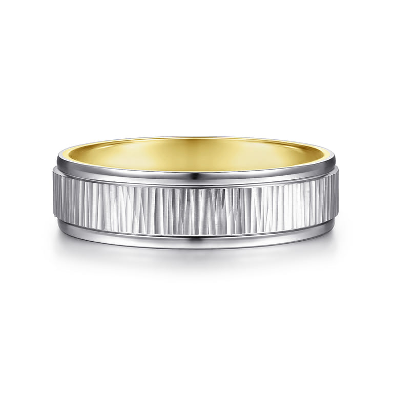 Jace - 14K White-Yellow Gold 6mm - Men's Wedding Band with Vertical Etching - Shot 1