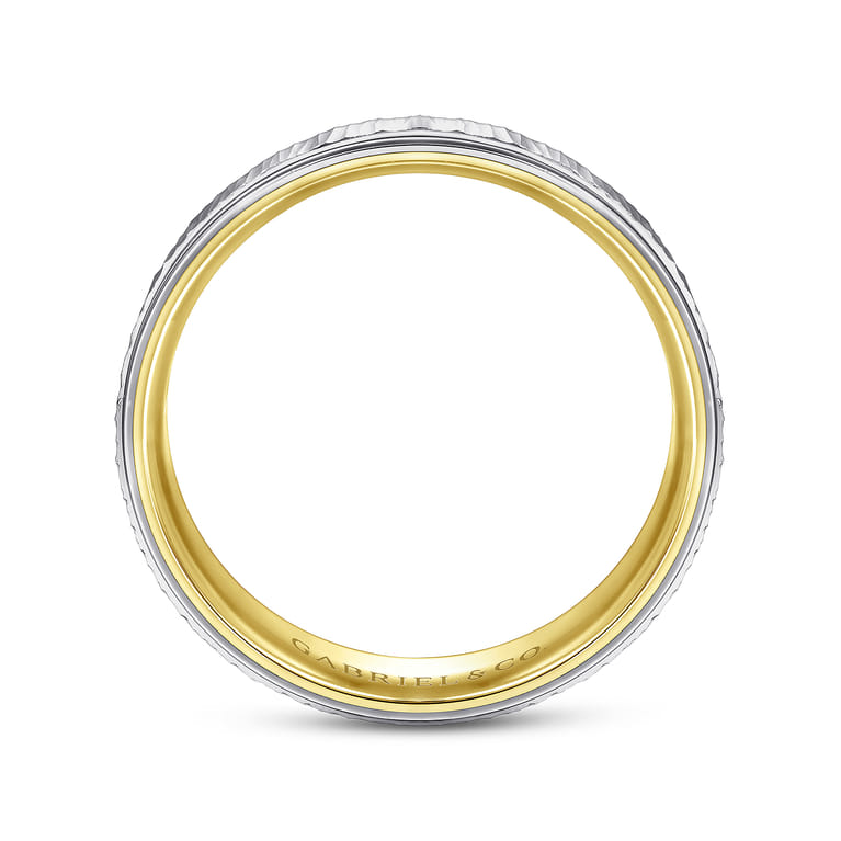 Jace - 14K White-Yellow Gold 6mm - Men's Wedding Band with Vertical Etching - Shot 2