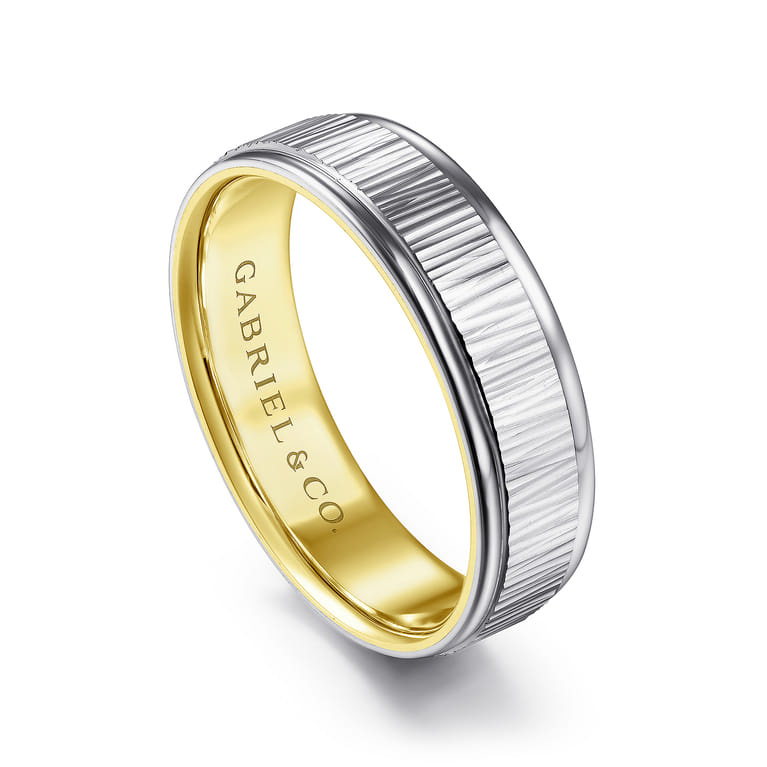 Jace - 14K White-Yellow Gold 6mm - Men's Wedding Band with Vertical Etching - Shot 3