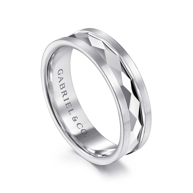 Jack - 14K White Gold 6mm - Diamond Cut Men's Wedding Band in Satin Finish - Shot 3