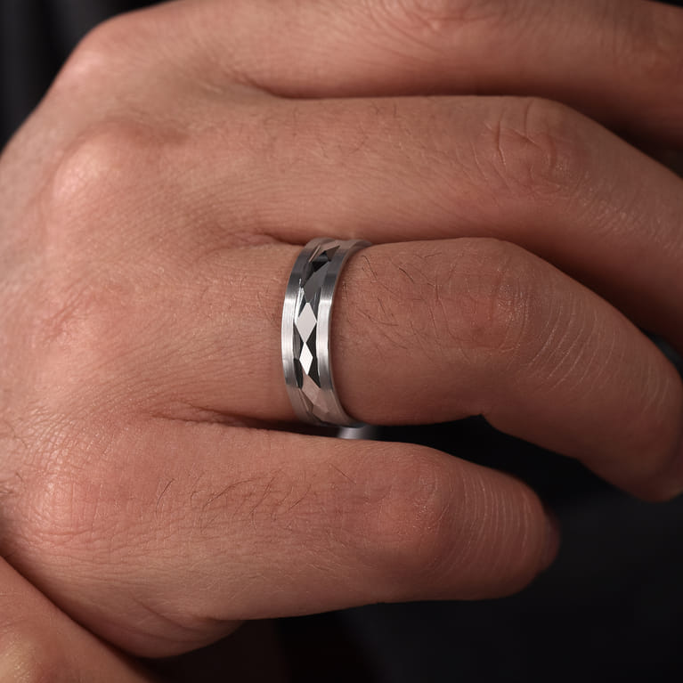 Jack - 14K White Gold 6mm - Diamond Cut Men's Wedding Band in Satin Finish - Shot 5