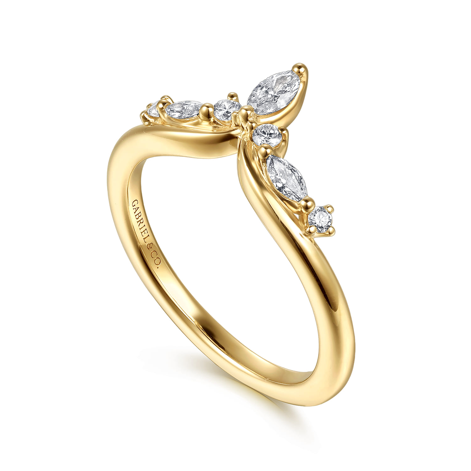 Curved Wedding Ring in 14k Yellow Gold with Marquise Natural Diamond at Gabriel & Co. - Shot 3