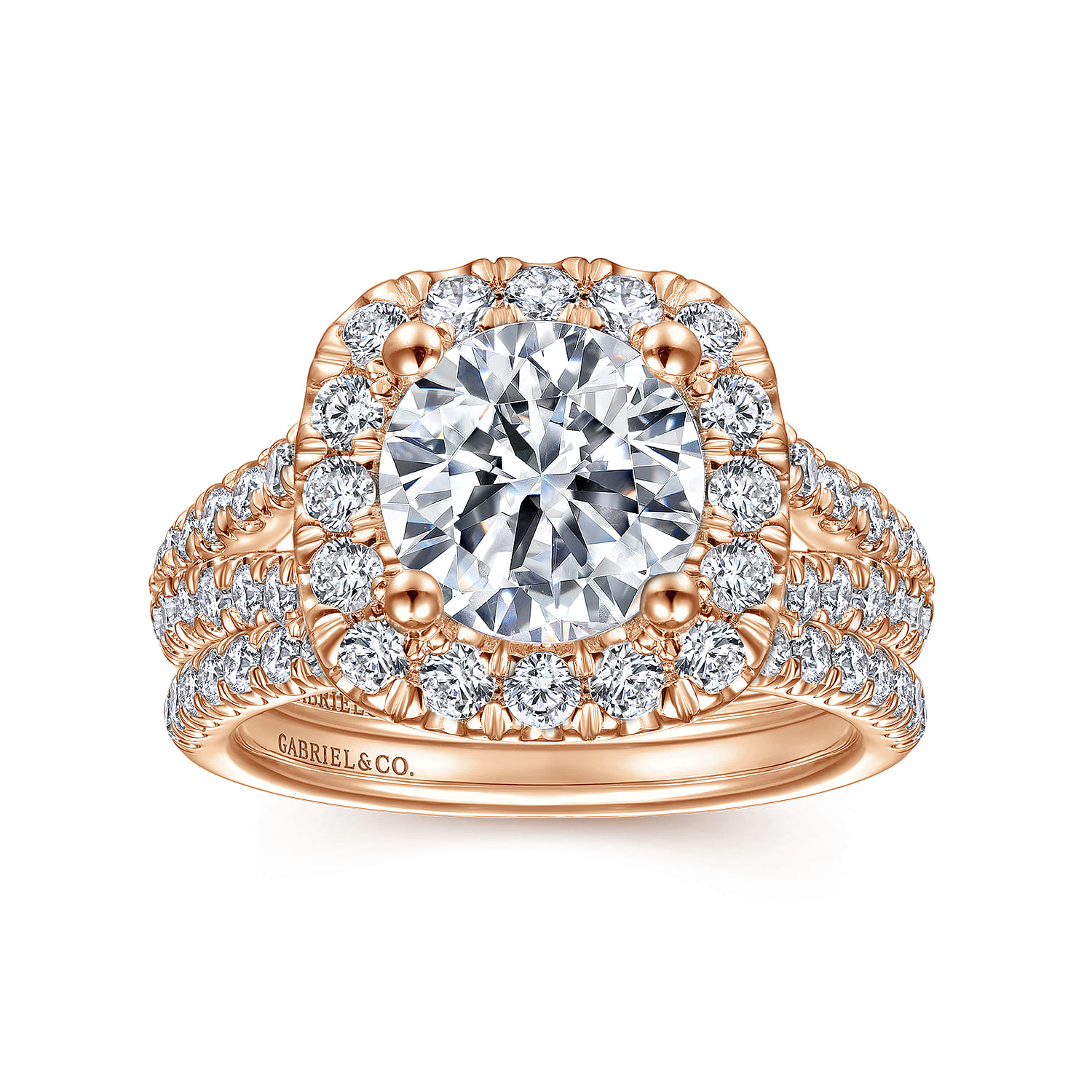 James - 14K Rose Gold Cushion Halo Round Diamond Engagement Ring