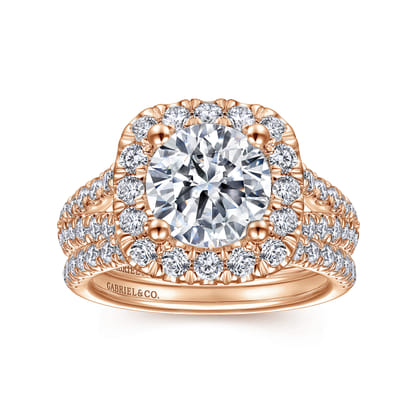 James - 14K Rose Gold Cushion Halo Round Diamond Engagement Ring