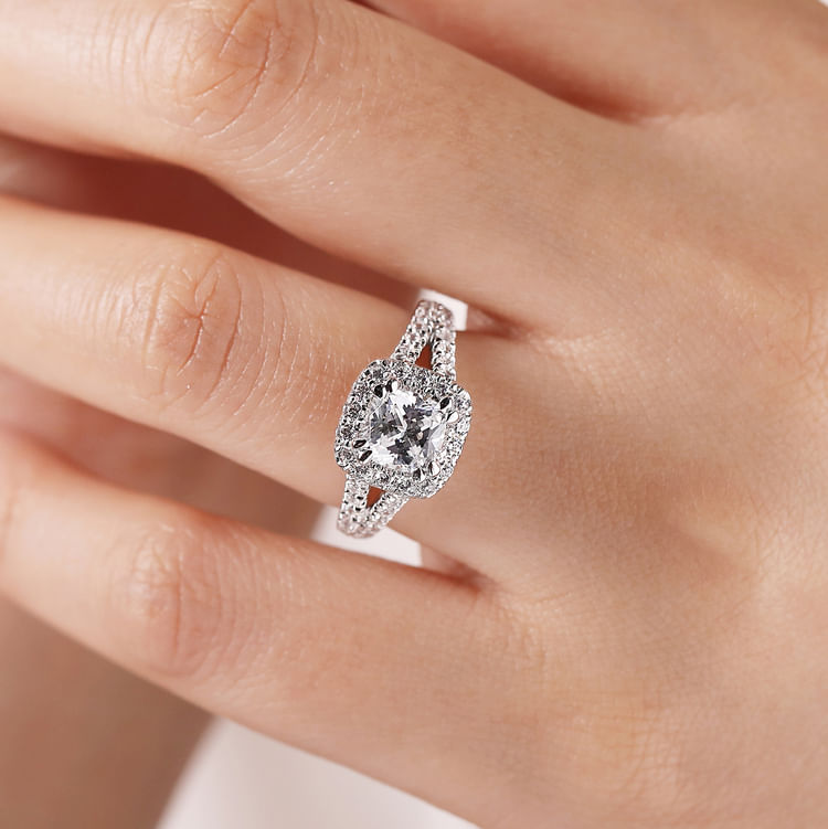 James - 14K White Gold Cushion Halo Diamond Engagement Ring