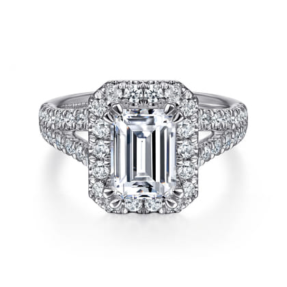 James - 14K White Gold Halo Emerald Cut Diamond Engagement Ring