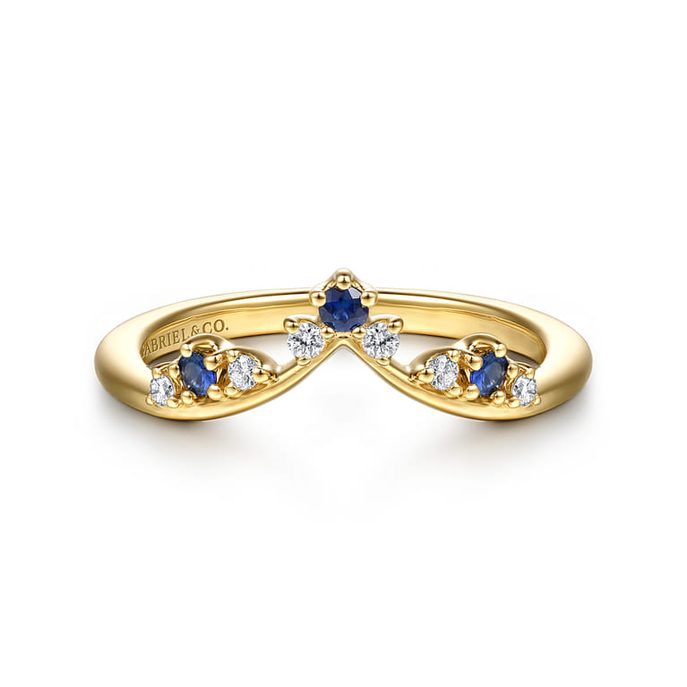 Curved Wedding Ring in 14k Yellow Gold with Round Sapphire at Gabriel & Co. - Shot 1