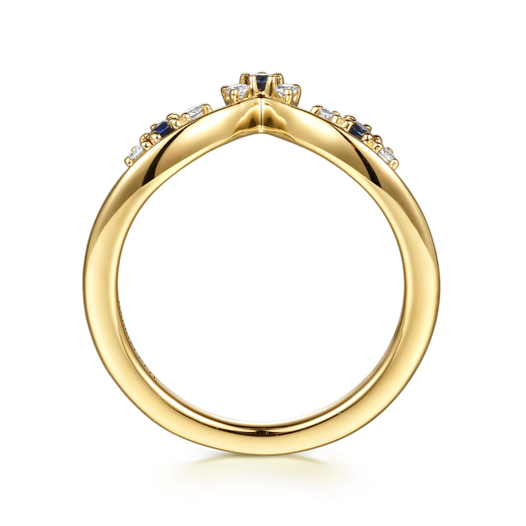 Curved Wedding Ring in 14k Yellow Gold with Round Sapphire at Gabriel & Co. - Shot 2