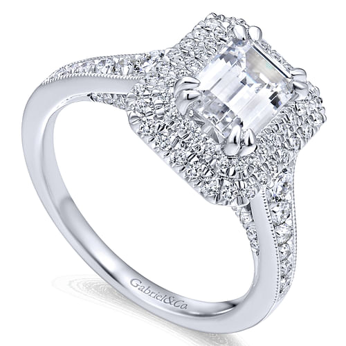 Jasmine - 14K White Gold Double Halo Emerald Cut Diamond Engagement Ring - 0.67 ct - Shot 3