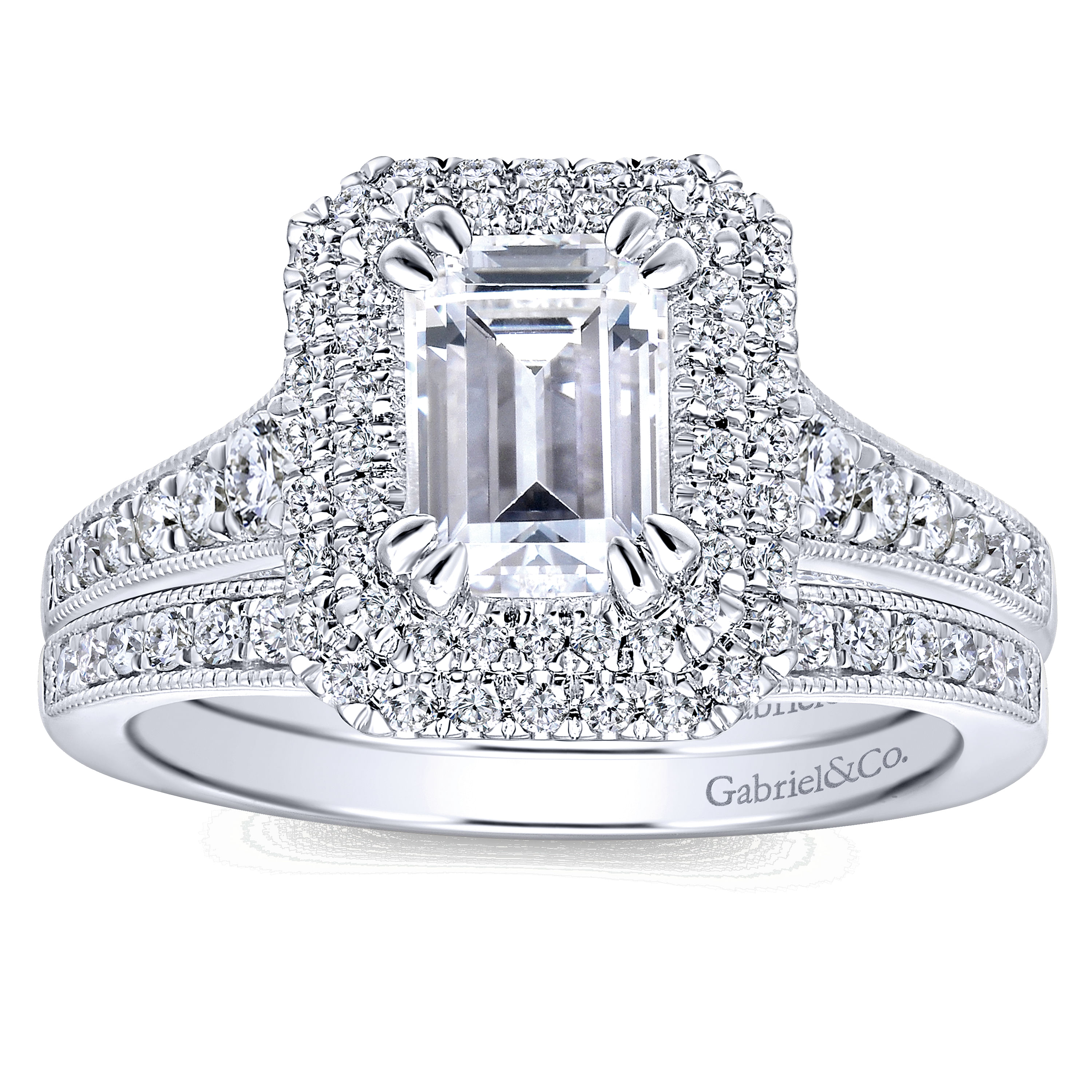 Jasmine - 14K White Gold Double Halo Emerald Cut Diamond Engagement Ring - 0.67 ct - Shot 4