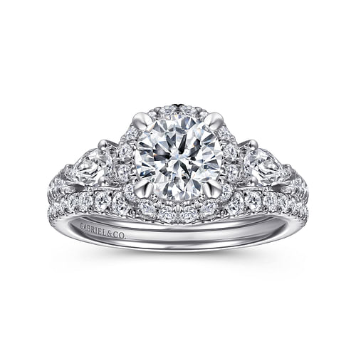 Jayla - 14K White Gold Round Three Stone Halo Diamond Engagement Ring - 0.9 ct - Shot 4