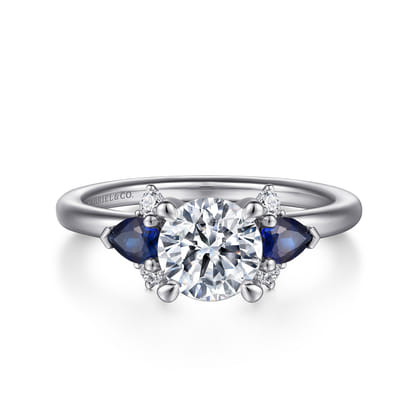 Jeanne - 14K White Gold Round Three Stone Sapphire and Diamond Engagement Ring