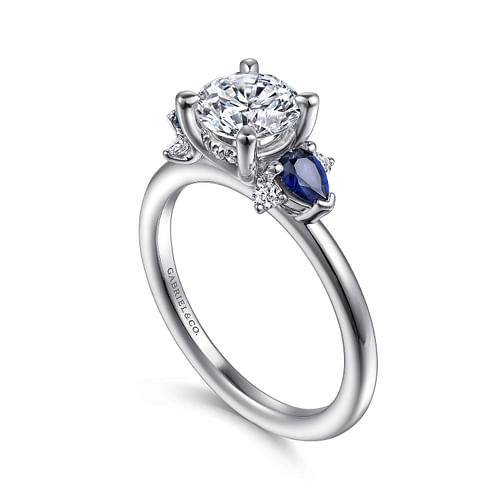 Jeanne - 14K White Gold Round Three Stone Sapphire and Diamond Engagement Ring - 0.11 ct - Shot 3