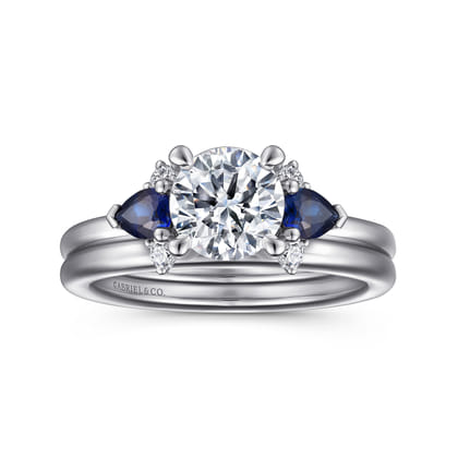 Jeanne - 14K White Gold Round Three Stone Sapphire and Diamond Engagement Ring