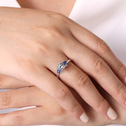 Jeanne - 14K White Gold Round Three Stone Sapphire and Diamond Engagement Ring