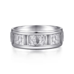John - 14K White Gold 7mm - Hammered Station Men's Wedding Band
