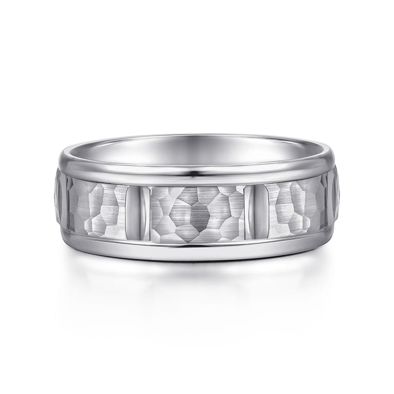John - 14K White Gold 7mm - Hammered Station Men's Wedding Band - Shot 1