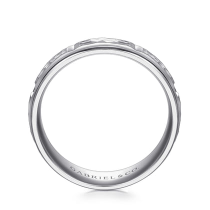 John - 14K White Gold 7mm - Hammered Station Men's Wedding Band