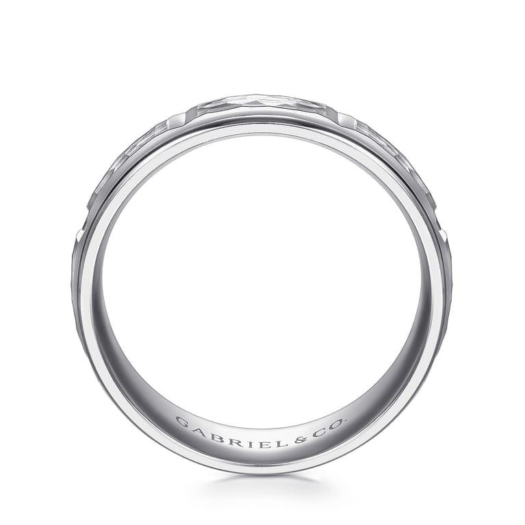 John - 14K White Gold 7mm - Hammered Station Men's Wedding Band - Shot 2