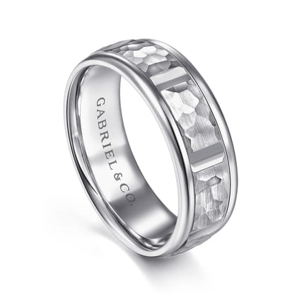 John - 14K White Gold 7mm - Hammered Station Men's Wedding Band