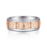 John - 14K White-Rose Gold 7mm - Hammered Station Men's Wedding Band