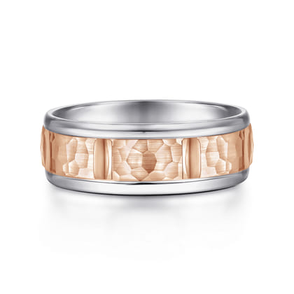 John - 14K White-Rose Gold 7mm - Hammered Station Men's Wedding Band