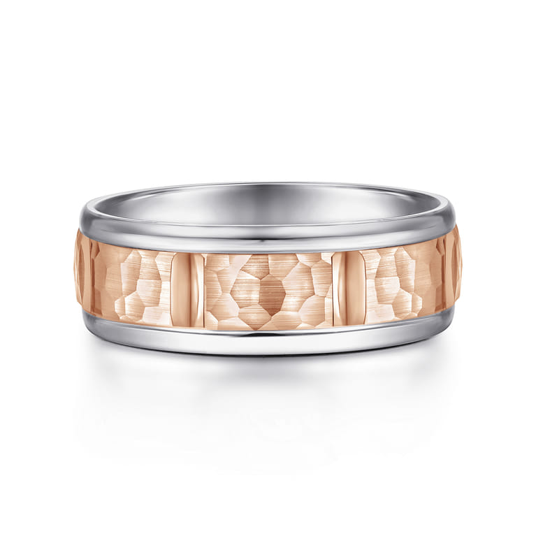 John - 14K White-Rose Gold 7mm - Hammered Station Men's Wedding Band - Shot 1
