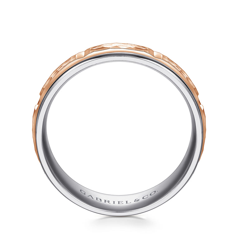 John - 14K White-Rose Gold 7mm - Hammered Station Men's Wedding Band - Shot 2