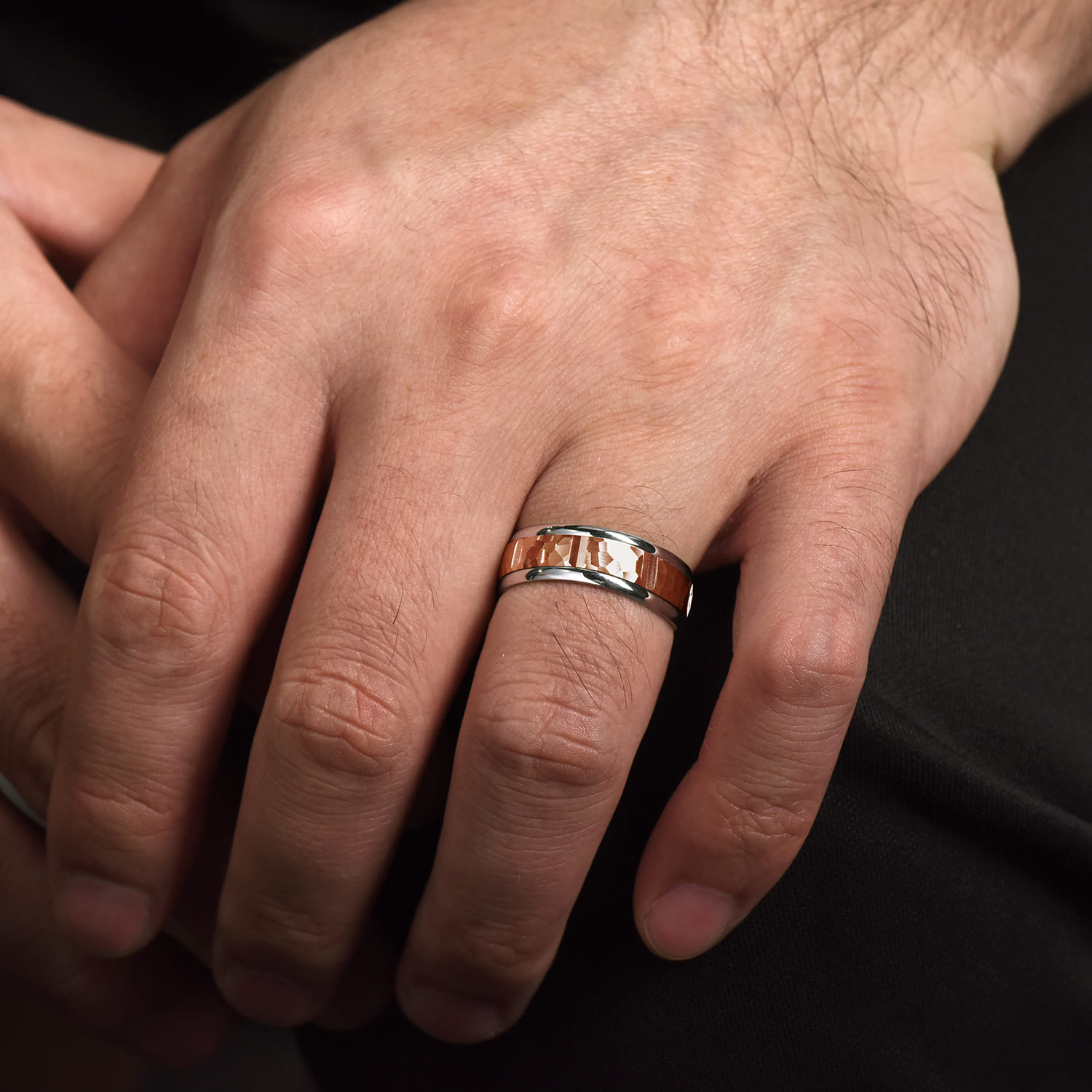 John - 14K White-Rose Gold 7mm - Hammered Station Men's Wedding Band